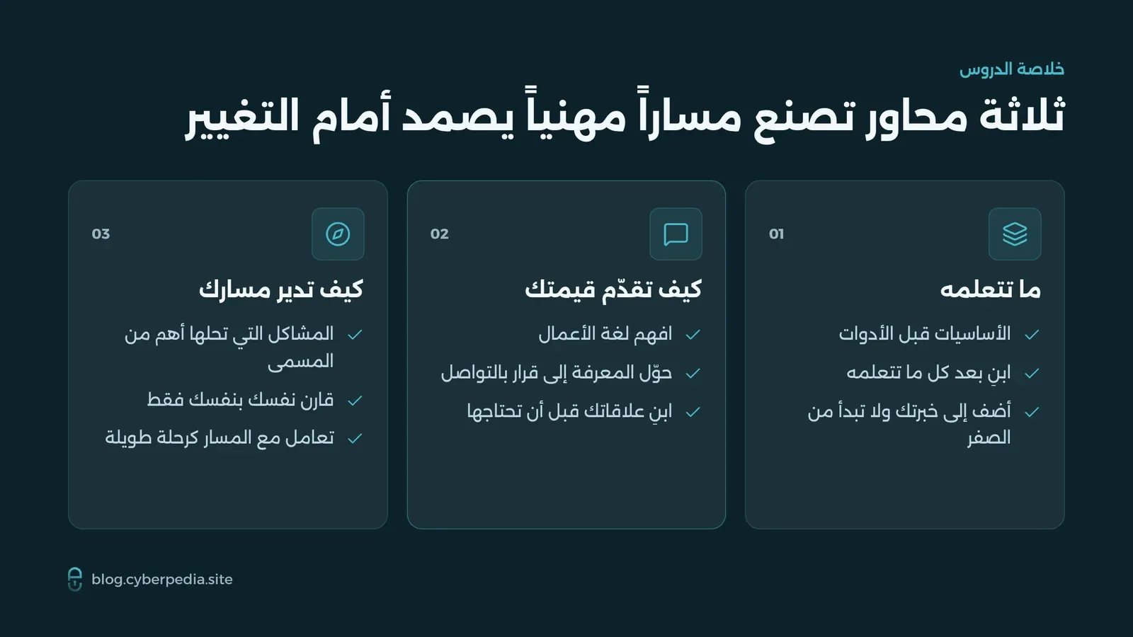 ثلاثة محاور للمسار المهني في الأمن السيبراني: ما تتعلمه، وكيف تقدّم قيمتك، وكيف تدير مسارك