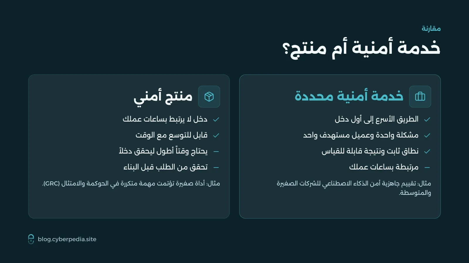 مقارنة بين بدء خدمة أمنية محددة وبناء منتج أمني من حيث سرعة الدخل وقابلية التوسع