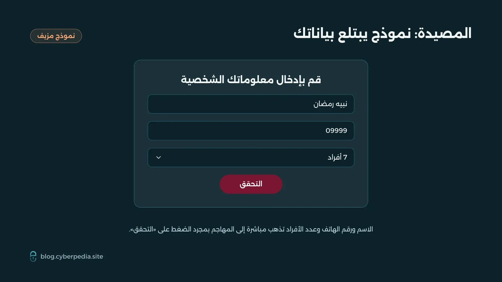 نموذج مزيف بعنوان «قم بإدخال معلوماتك الشخصية» يطلب الاسم الكامل ورقم الهاتف وعدد الأفراد وقد ملأه الضحية ببياناته قبل الضغط على «التحقق»